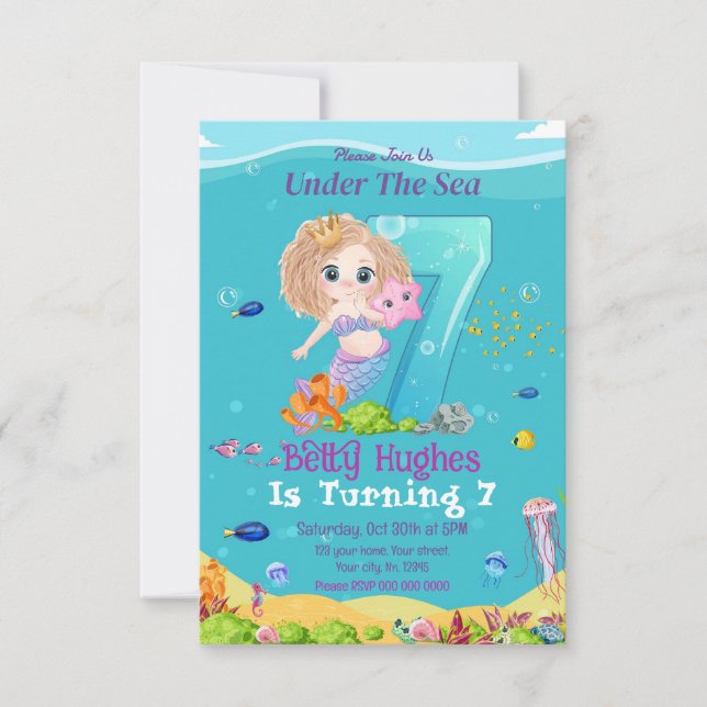 Sirène sous la mer 7e anniversaire Invitation (Devant)