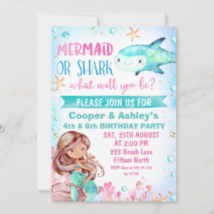 Sirène Turquoise rose et requin Invitation d'anniv