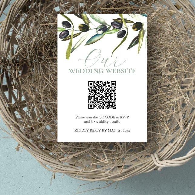 Site Mariage botanique Carte RSVP avec code QR (Wedding website rsvp card QR code watercolor olive branch by Victoria Grigaliunas of Do Tell A Belle)