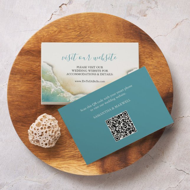 Site Mariage côtier Insérer carte bleu turquoise (Beach wedding website card watercolor seashore art by Victoria Grigaliunas of Do Tell A Belle)