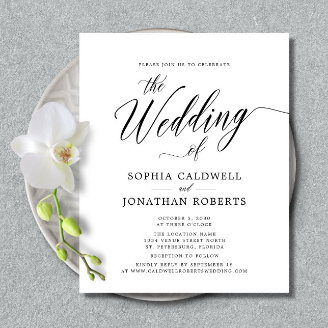 Site Web de la calligraphie budgétaire Faire-part  (Budget Wedding Invitation - Website RSVP - Elegant Splendor Calligraphy - Black and White)