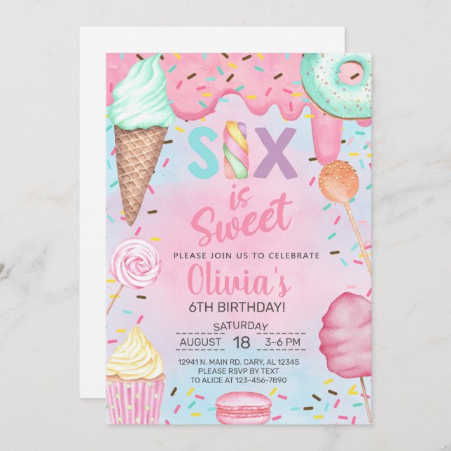 Six est si Sweet girl 6e anniversaire invitation (Devant / Derrière)