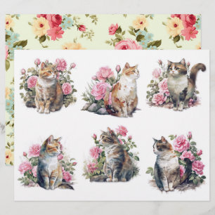 Six jolis chats à l'aquarelle dans un lit de roses