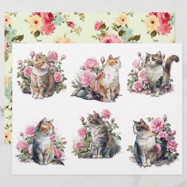 Six jolis chats à l'aquarelle dans un lit de roses (Devant / Derrière)