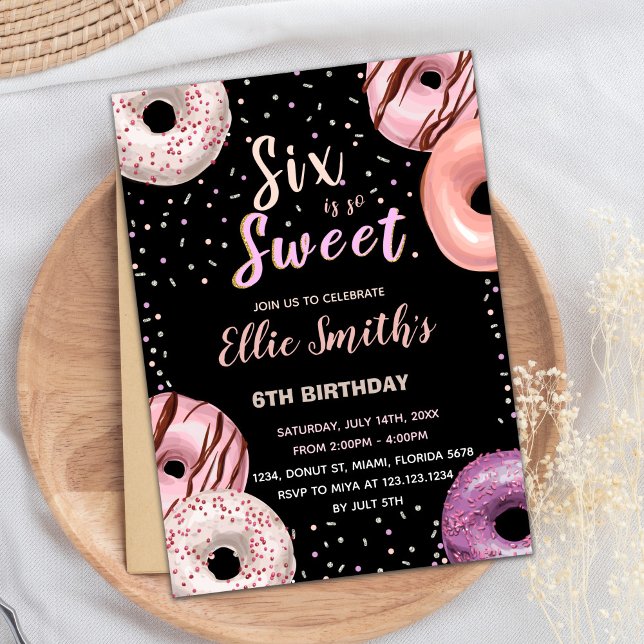 Six Sweet Black Rose Donut Invitations Anniversair (Six Sweet Black Pink Donut Birthday Invitations)