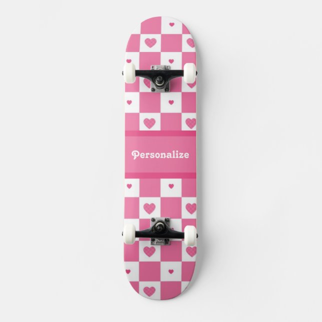 Skateboard à damiers Coeur Carré Motif rose et blanc (Recto)