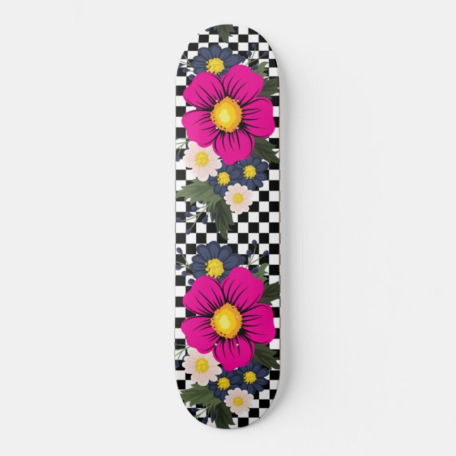 Skateboard à damiers et fleurs (Recto)
