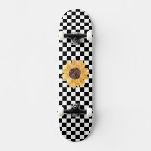 Skateboard À damiers et tournesol en noir et blanc