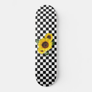 Skateboard À damiers et tournesol en noir et blanc