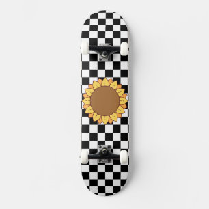 Skateboard À damiers et tournesol en noir et blanc