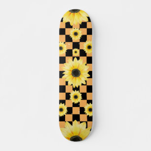 Skateboard à damiers et tournesol orange et noir