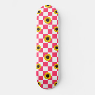 Skateboard À damiers et tournesol rose et blanc