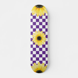 Skateboard à damiers et tournesol violet et blanc