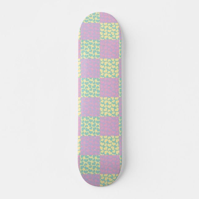 Skateboard à damiers Love-Pastel rose, jaune, violet et vert (Devant)