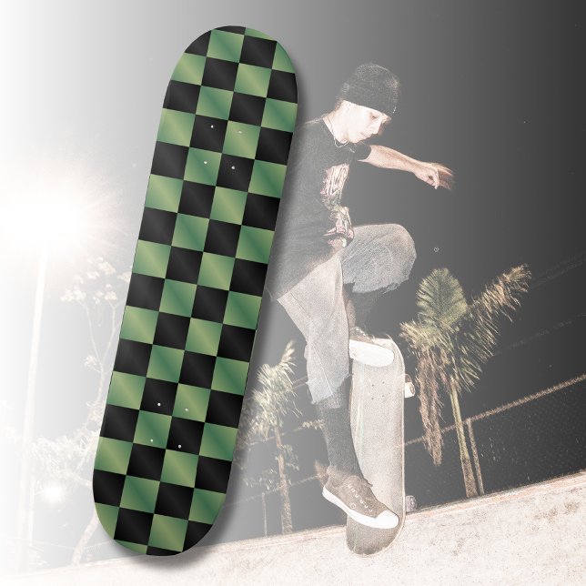 Skateboard À damiers moderne vert olive noir dégradé (Créateur téléchargé)