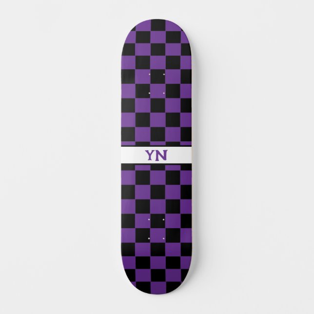 Skateboard à damiers Noir et Violet foncé Nom Initiales (Recto)