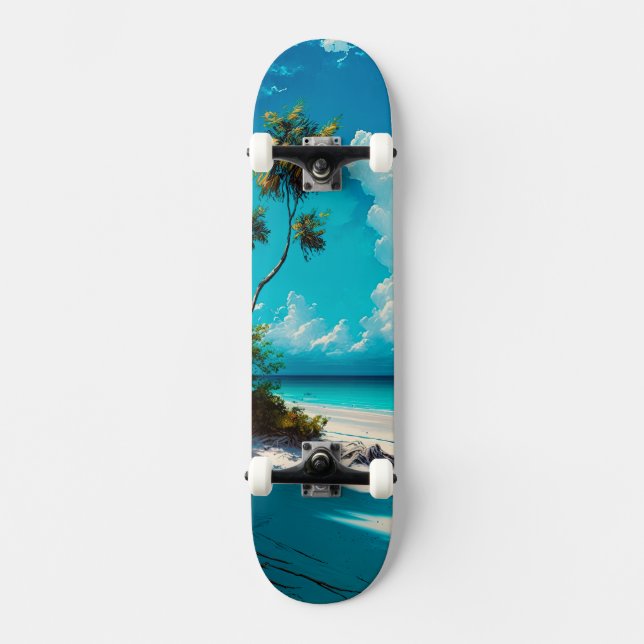 Skateboard À la plage - Sable blanc et ciel bleu (Recto)