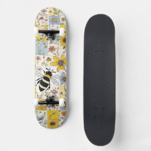 Skateboard abeille vintage floral patchwork jaune et bleu