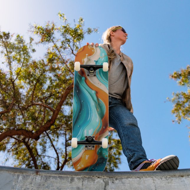 Skateboard Abstract Swirling Teal and Orange Glossy Fluid  (Extérieur 1)