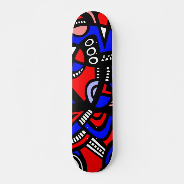 Skateboard Abstrait dans les tons rouge, bleu, blanc et noir (Devant)