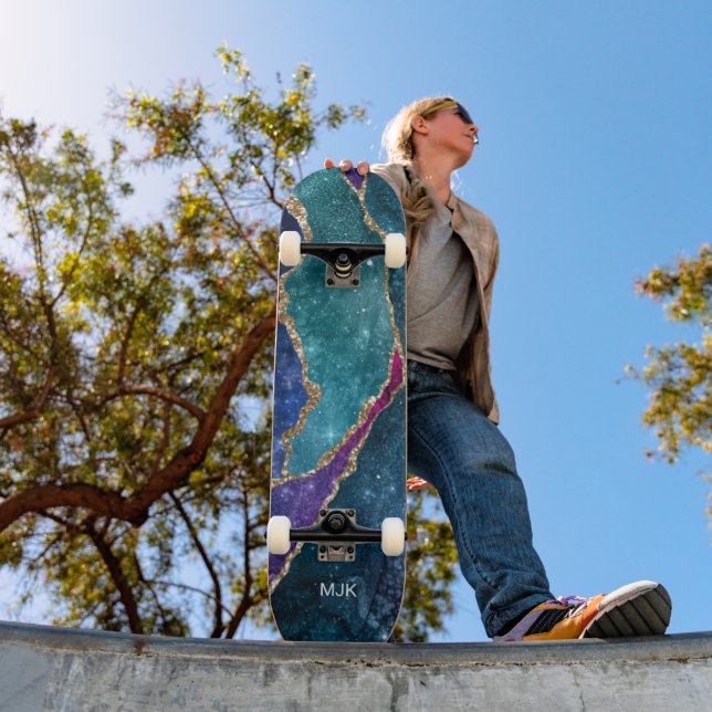 Skateboard Agate Bleu Violet Aqua Veines Or Monogramme (Extérieur 1)