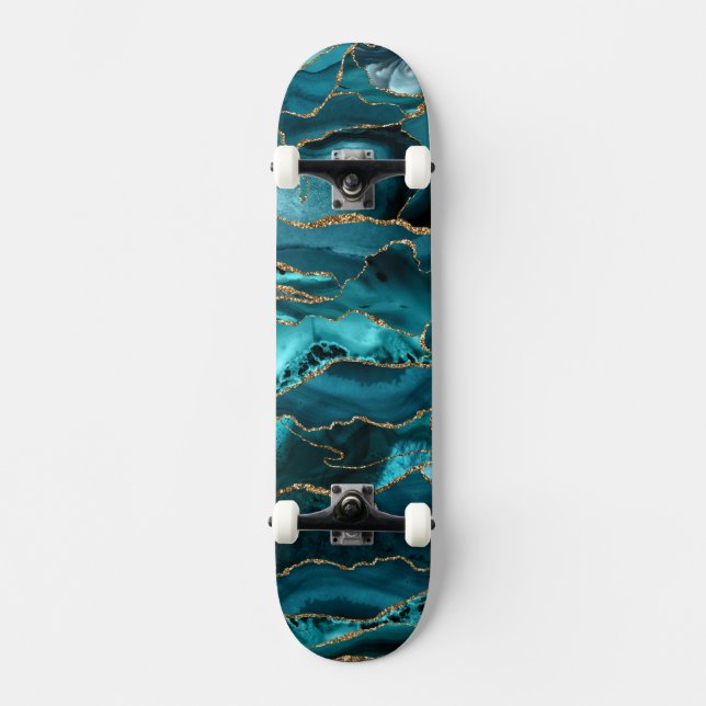 Skateboard Agate de parties scintillant bleue et or (Recto)