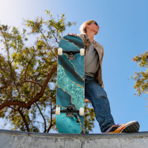 Skateboard Agate Turquoise Blue Gold Parties scintillant Marb