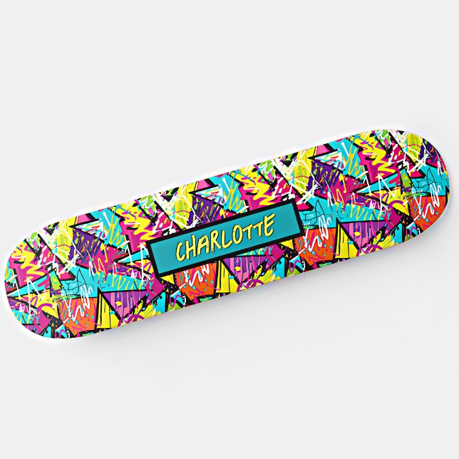 Skateboard Ajouter un nom, Graffiti bleu rose orange (Créateur téléchargé)