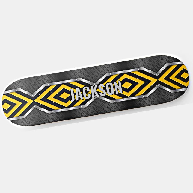 Skateboard Ajouter un nom Initiales, Métallurgique Jaune Noir (Créateur téléchargé)