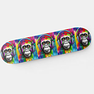 Skateboard Ajouter un nom, Singe Coloré avec des Écouteurs