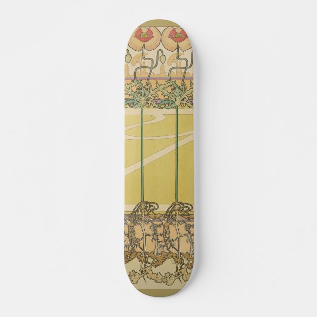 Skateboard Alfonse Mucha Poppies Art Nouveau Floral Wallpaper (Devant)