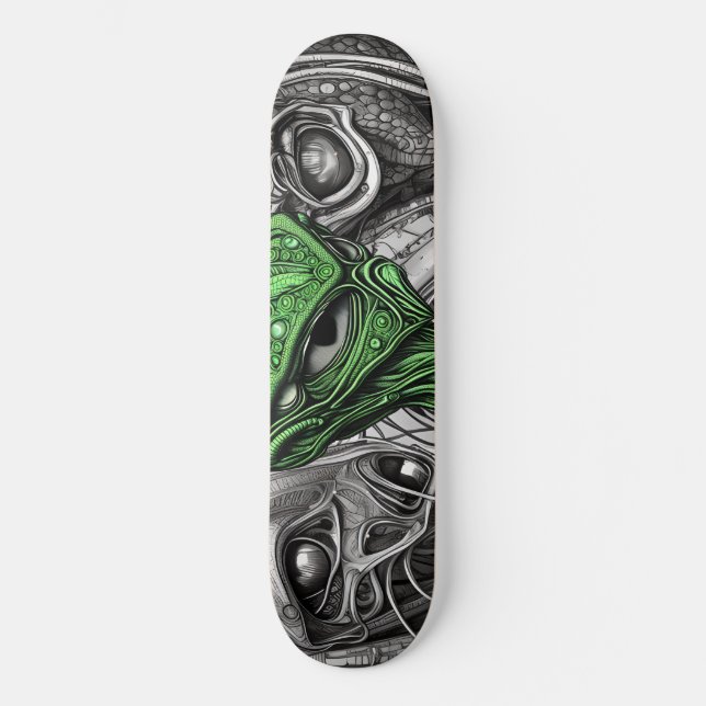 Skateboard Alien vert avec Arrière - plan de lignes dégénérat (Recto)