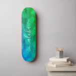 Skateboard "Aloha" cool typography blue green pineapple ombre<br><div class="desc">“Aloha”. Bring a bit of the Hawaiian islands to your city streets whenever you use this brightly colored, chic, striking, stylish, modern skateboard sporting crisp, white handwritten script typography over a distressed graphic, pineapple pattern in a vivid turquoise, blue and green ombre. Makes a fun and stylish statement every time...</div>