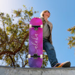 Skateboard Aloha, cool typography purple pink pineapple ombre<br><div class="desc">“Aloha”. Bring a bit of the Hawaiian islands to your city streets whenever you use this brightly colored, chic, striking, stylish, modern skateboard sporting crisp, white handwritten script typography over a graphic, pineapple pattern in a vivid purple and hot pink ombre. Makes a fun and stylish statement every time you...</div>