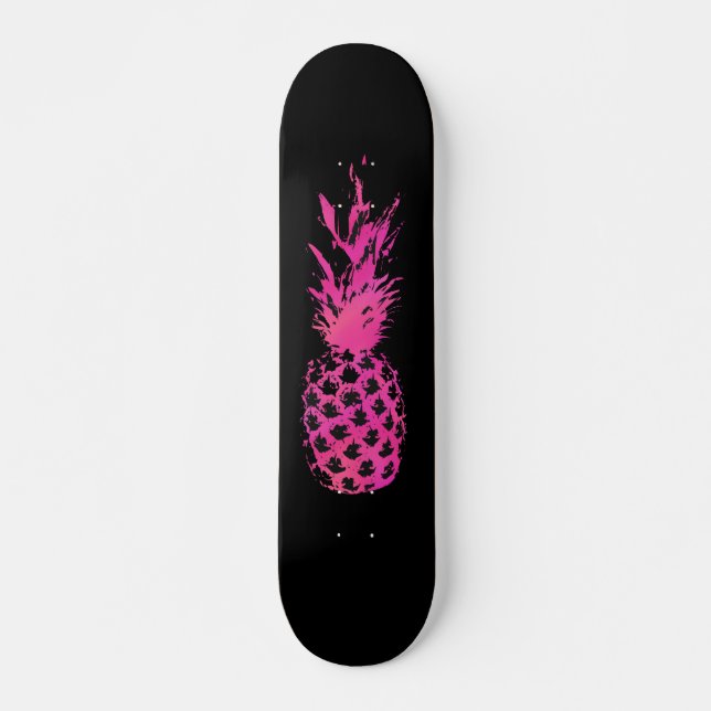 Skateboard Ananas rose et noir au néon artistique d'aquarelle (Devant)