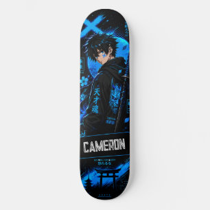 Skateboard Anime Personnalisé Samouraï Cyan Noir