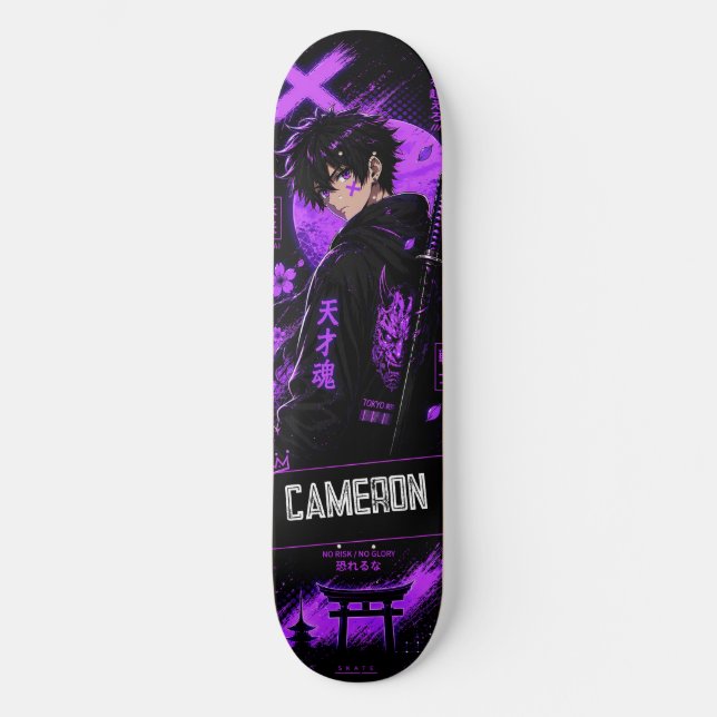 Skateboard Anime Personnalisé Samouraï Noir Violet (Recto)