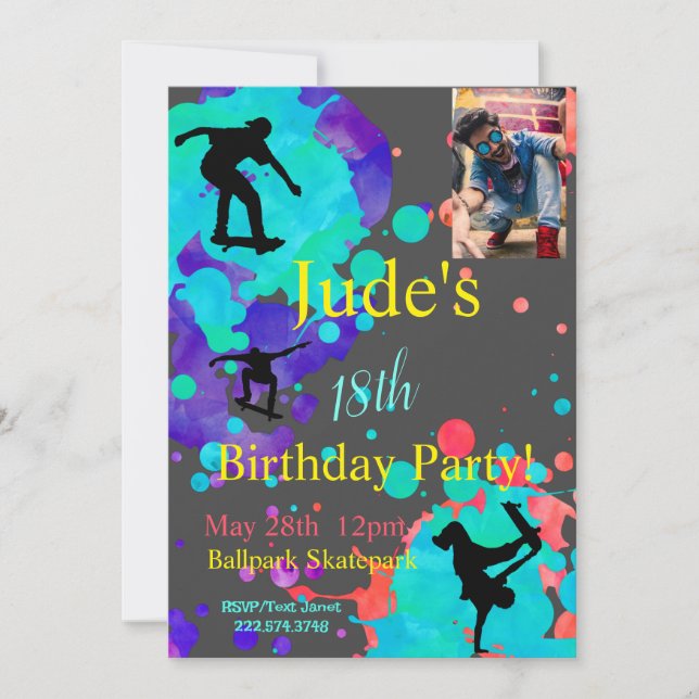 Skateboard Anniversaire Photo Invitation N'importe (Devant)