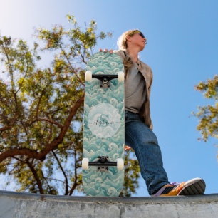 Skateboard Aqua Blue & White Wave Abstraite - Art moderne Flu