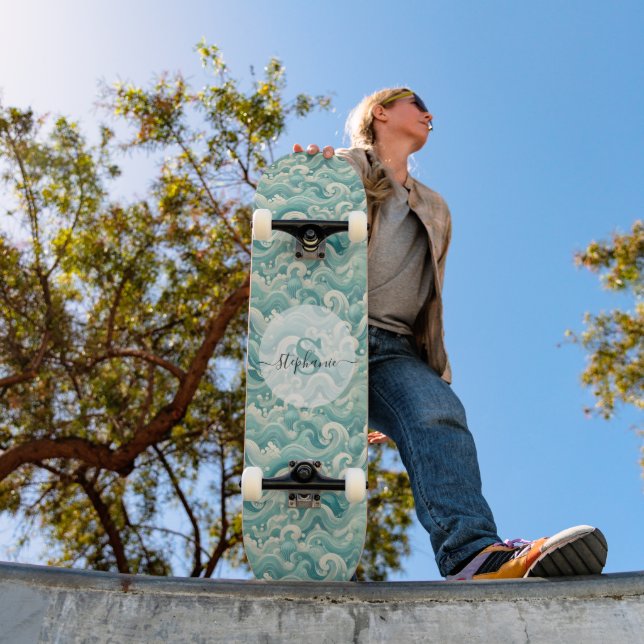 Skateboard Aqua Blue & White Wave Abstraite - Art moderne Flu (Extérieur 1)