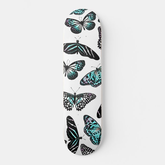 Skateboard Aqua Turquoise Papillons noirs Motif aquarelle (Recto)