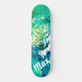 Skateboard Aqua turquoise vert blanc aquarelle loup skateboar