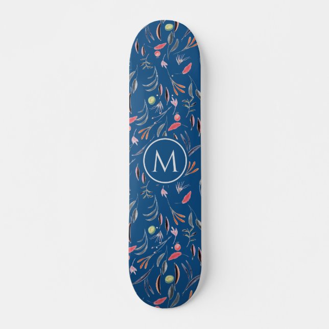 Skateboard Aquarelle bleu bleu élégant MONOGRAM (Devant)