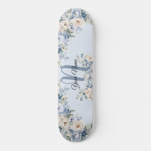 Skateboard Aquarelle bleu Dusty Fleurs d'ivoire Feuille Rusti
