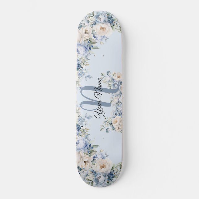 Skateboard Aquarelle bleu Dusty Fleurs d'ivoire Feuille Rusti (Recto)