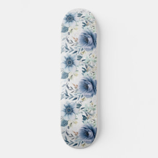 Skateboard Aquarelle bleu foncé Fleurs Argent Élégant