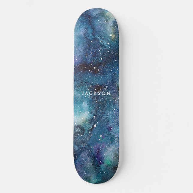 Skateboard Aquarelle bleue Galaxy Space Stars Nom (Recto)