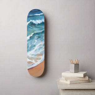 Skateboard Aquarelle Blue Ocean Waves