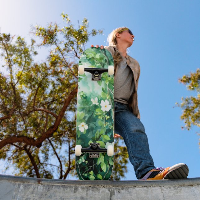 Skateboard Aquarelle botanique Fleurs blanches Feuilles verte (Extérieur 1)
