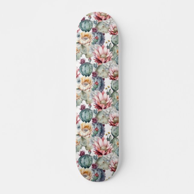 Skateboard Aquarelle Cactus en fleurs Succulents (Devant)